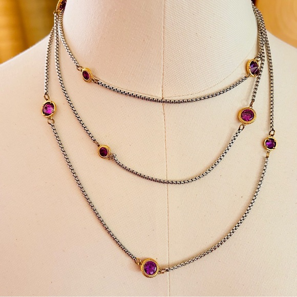 Vintage Bezel-Set Amethyst Crystal X-Long 55" Gold Plated & 926 Silver Necklace - Picture 5 of 14